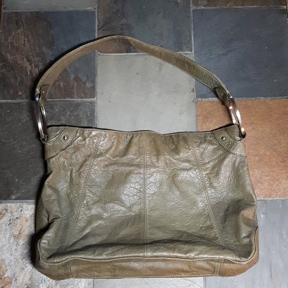 Olive green leather bag.
